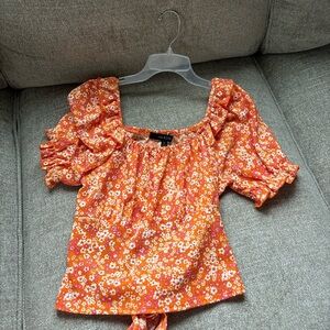 Orange Puff Sleeve Smocked Blouse